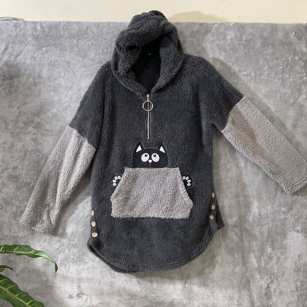 Noracora Fleece novelty Cat Hoodie M 1/4 Zip Pouch Pocket Long Sleeve Gray